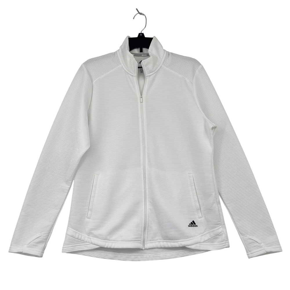 Adidas Golf Jacket Textured Rib Knit Full Zip Womens L White Thumbhole Cuffs